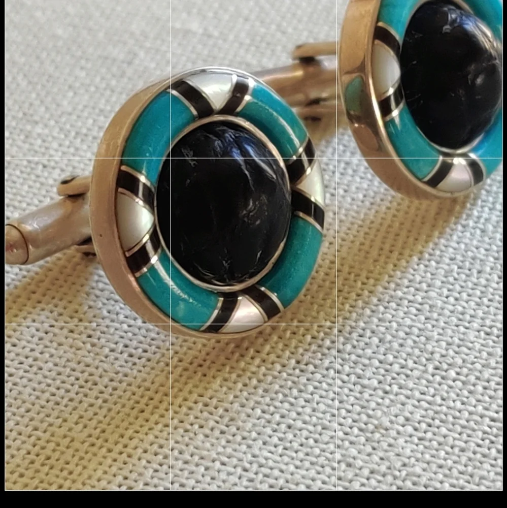 Vintage STERLING artisan made onyx and turquoise cuff links